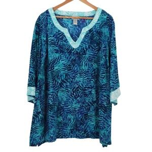 Catherines Tropical Palm Tunic Top Womens Size 3XWP Vacation Resort Blue‎ V-Neck